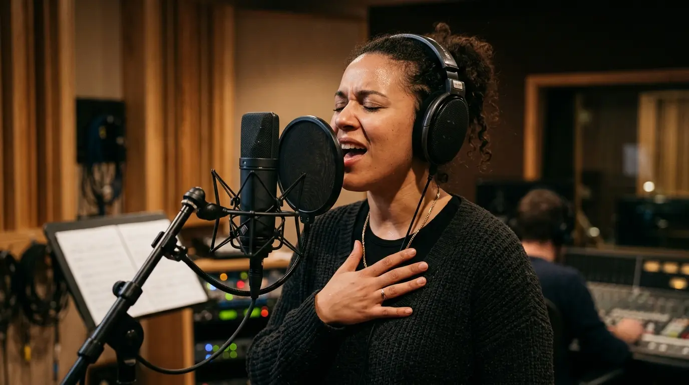 A vocalist singing powerfully into a microphone with one hand placed flat against their upper chest