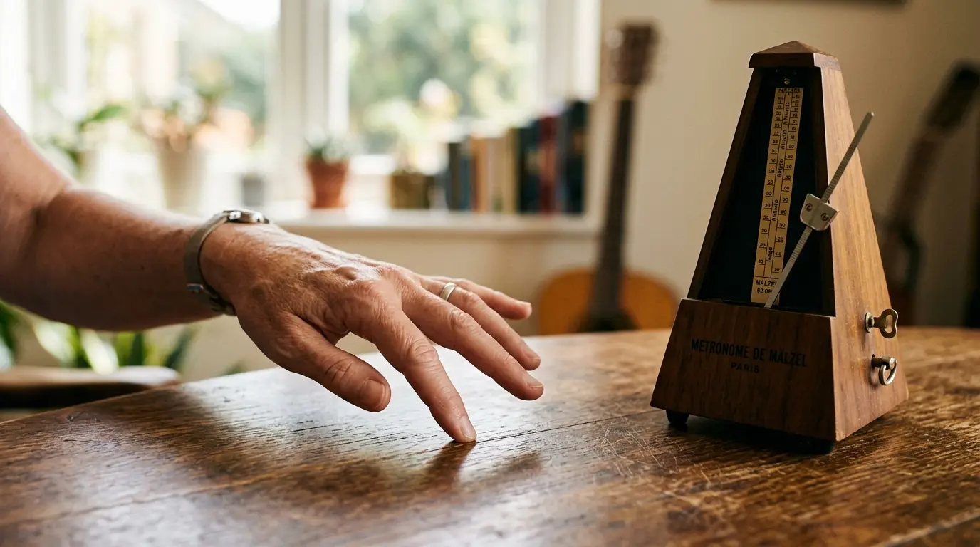 A musician's hand tapping a steady rhythm on a wooden table next to a metronome