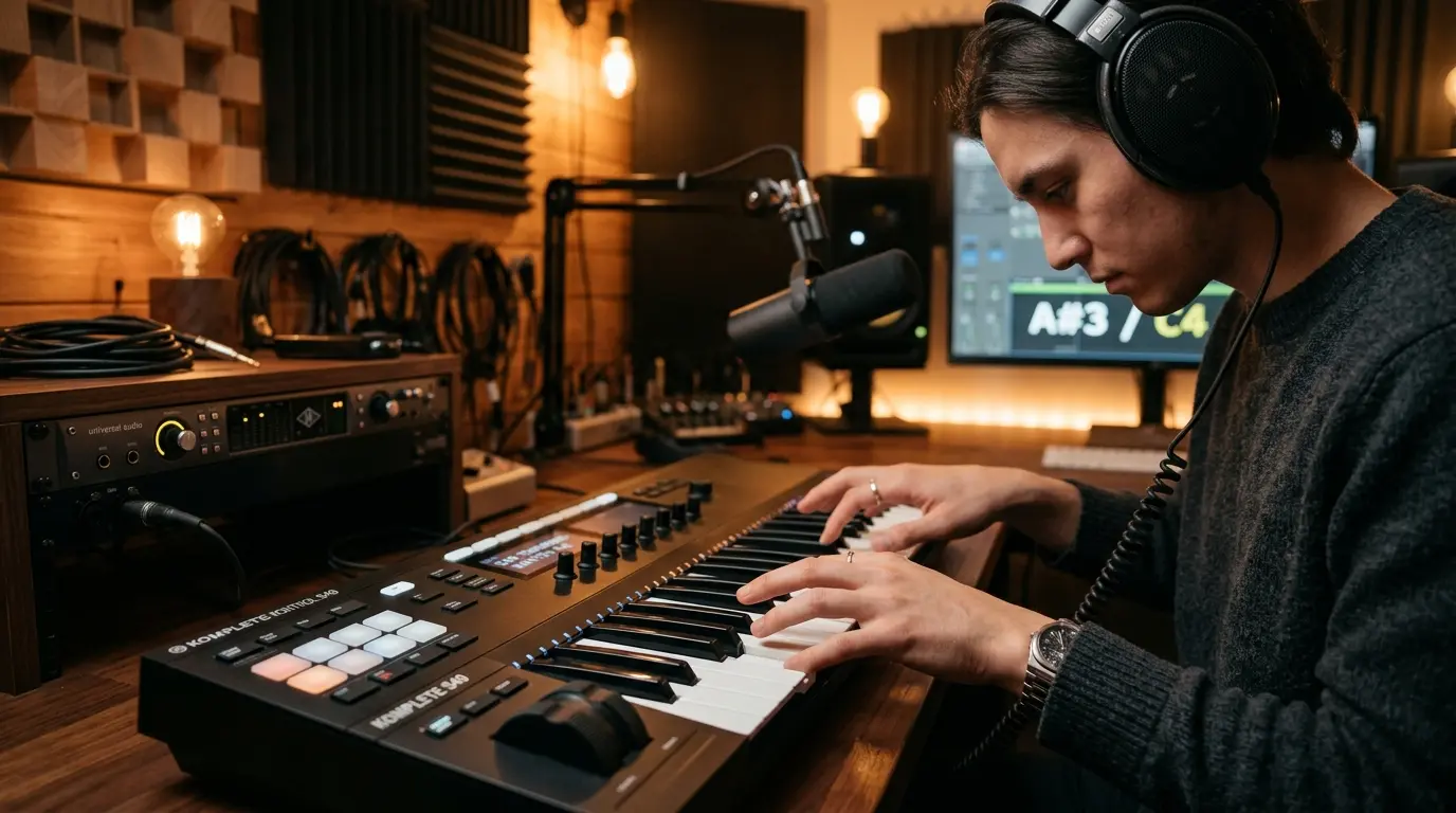 Musician listening intently with headphones and matching pitches on a MIDI keyboard
