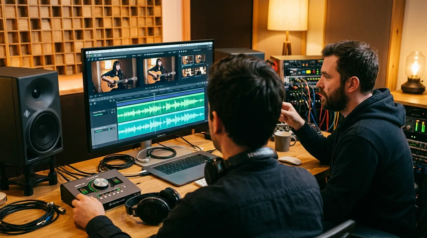 Sound engineers in a recording studio editing video and extracted audio waveform tracks on a computer monitor