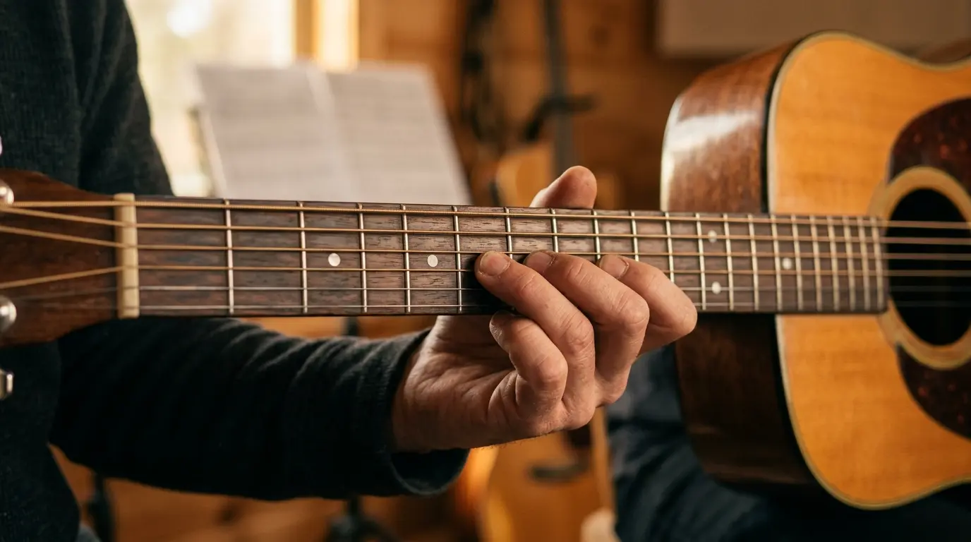 A close up of a musician's hand practicing a scale on an acoustic guitar fretboard