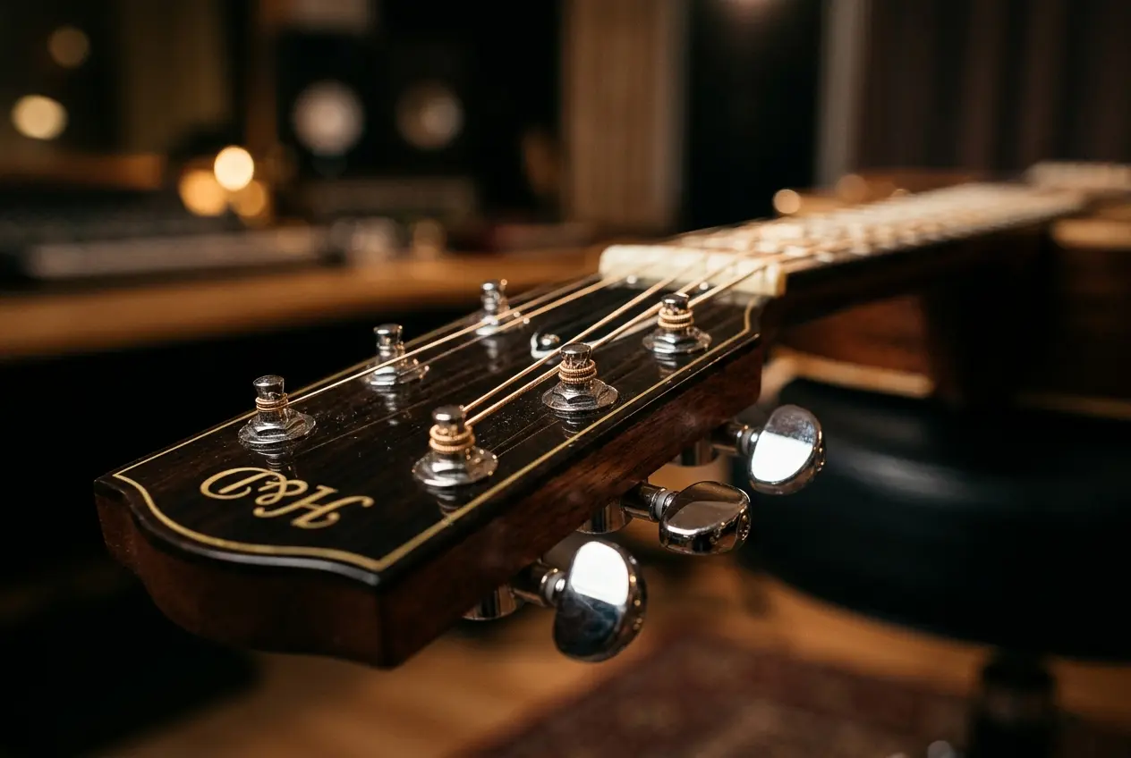 Tuning an acoustic guitar by adjusting the tuning pegs on the headstock