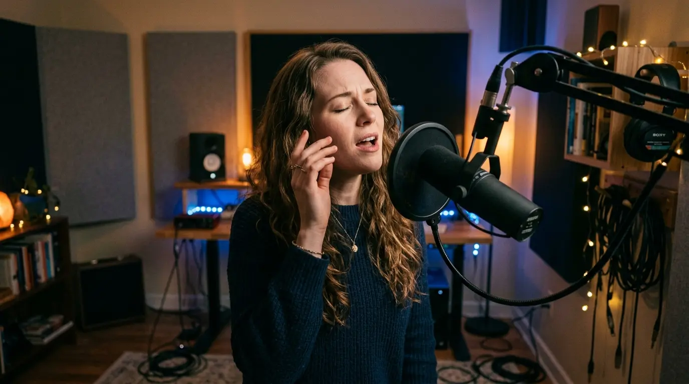 A singer in a home studio reaching for a high note in their head voice, with their hand raised slightly near their cheek