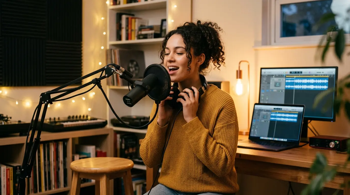A person practicing singing at home in front of a computer microphone