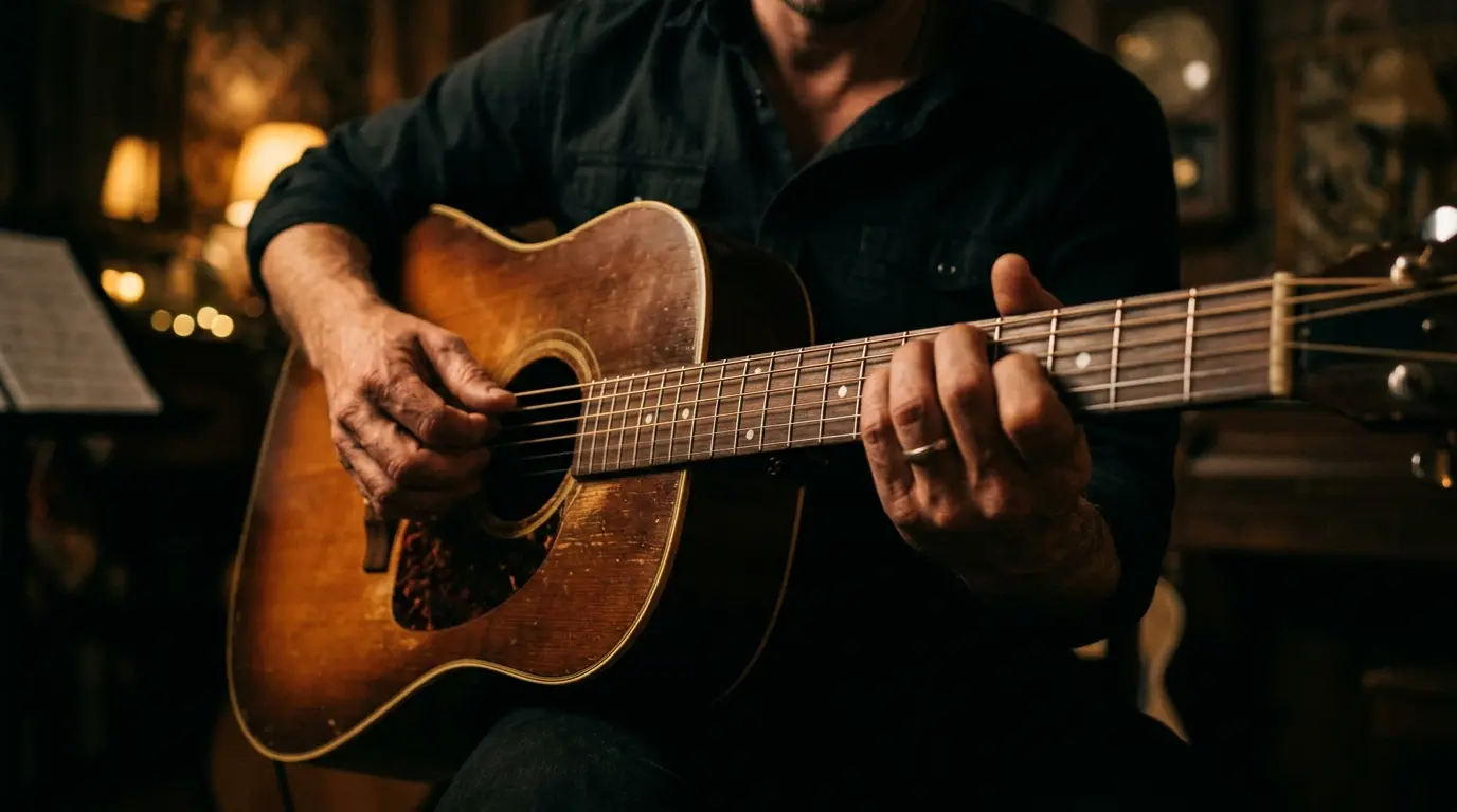 Hands playing an acoustic guitar with moody lighting, illustrating the emotional depth of chords
