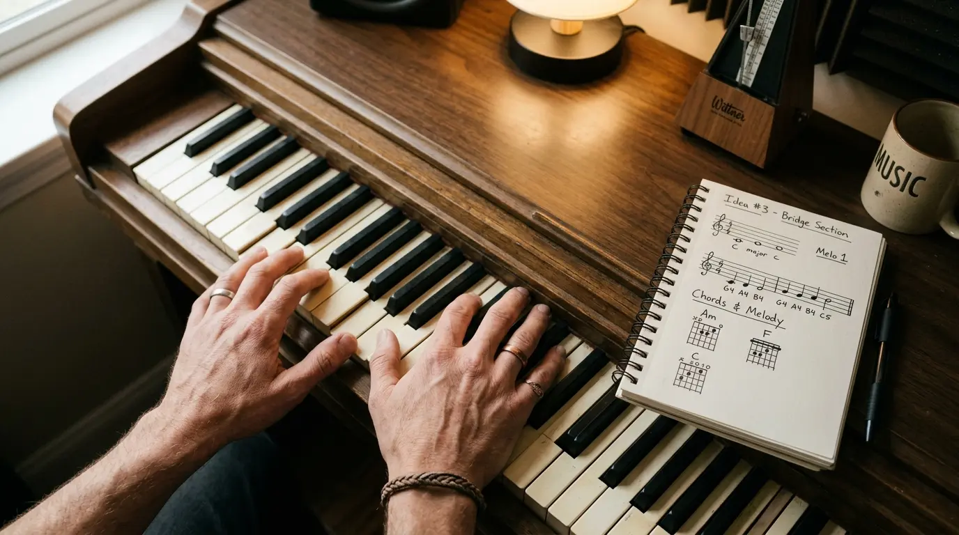 A musician's hands on a piano keyboard next to a notebook with hand-drawn chord charts