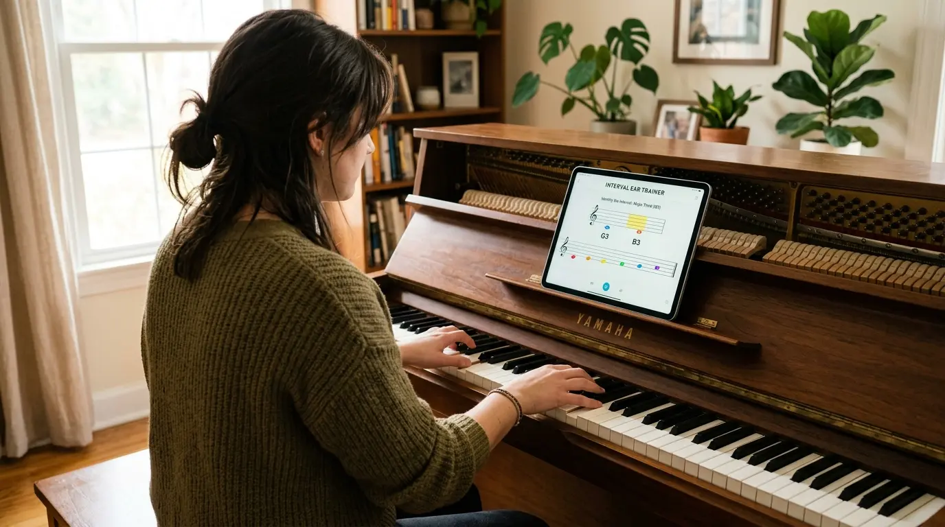 A musician sitting at a piano, using an interval ear training app on a tablet