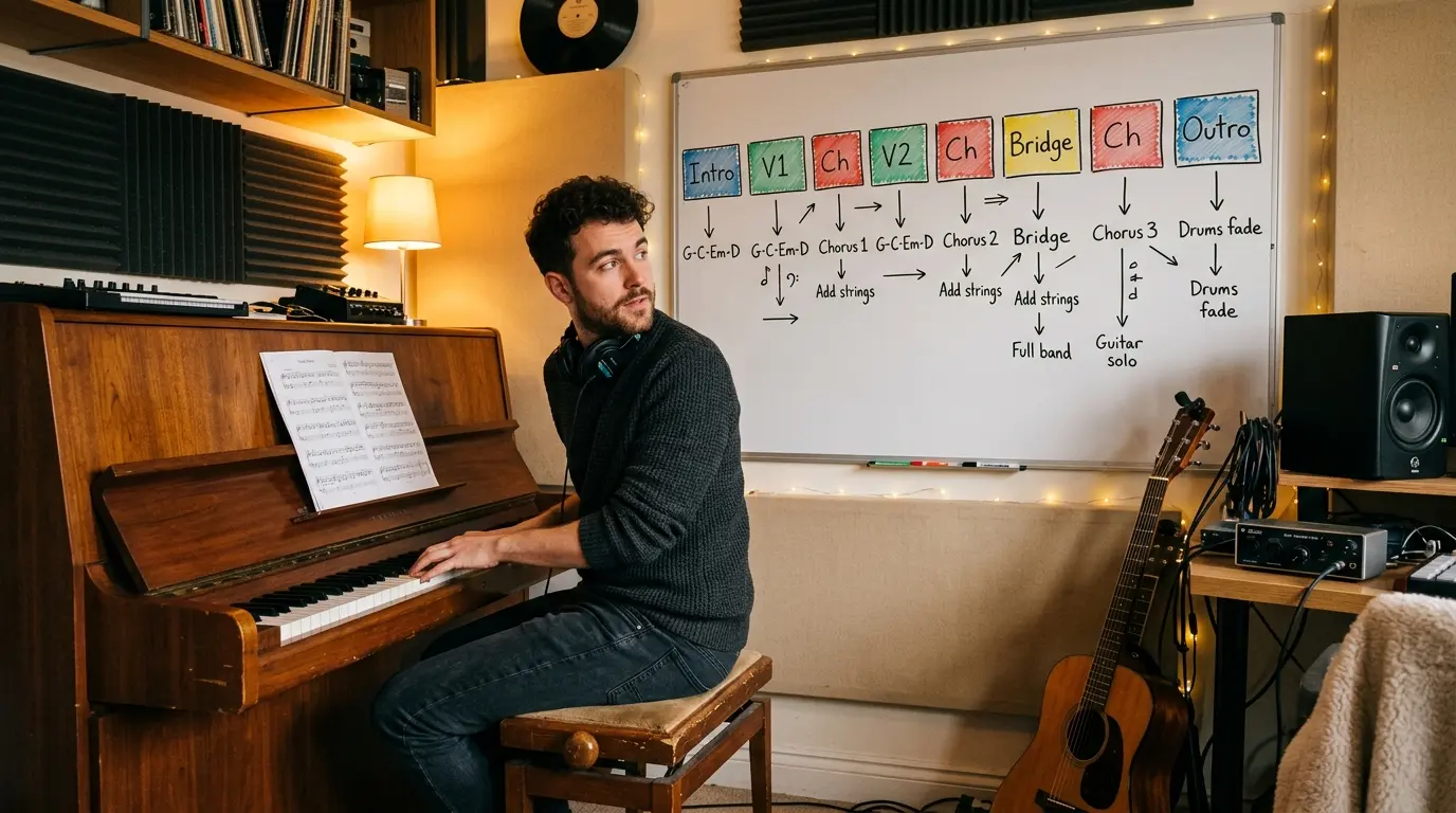 A musician at a piano studying a whiteboard that maps out a full song structure timeline with color-coded blocks for intro, verse, chorus, bridge, and outro