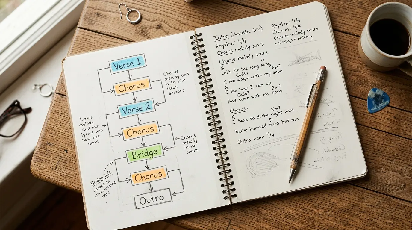 A songwriter's notebook showing a hand-drawn flowchart of song sections — verse, chorus, and bridge — color-coded and connected with arrows