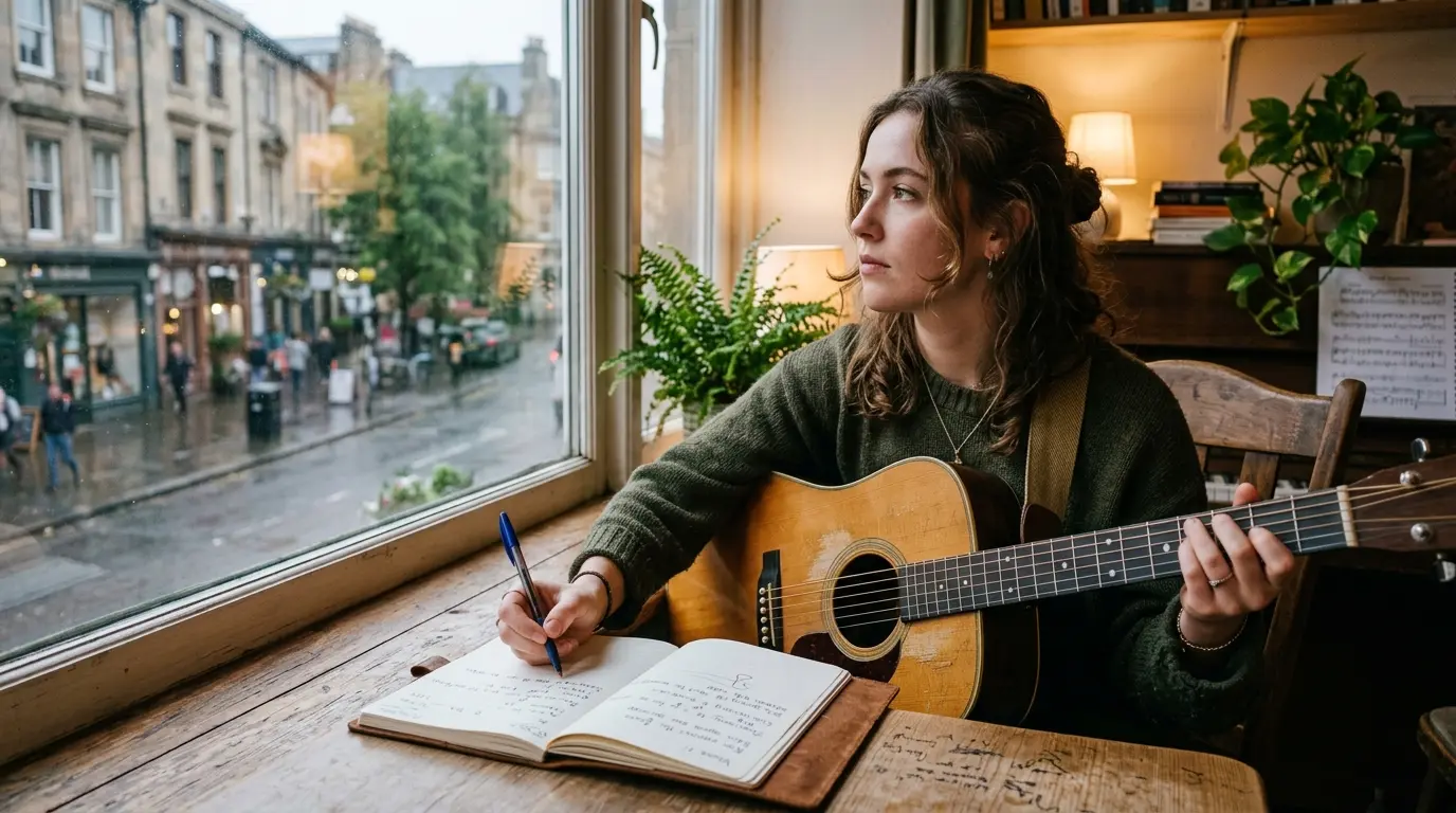 A musician holding an acoustic guitar, looking thoughtfully out a window with a notebook