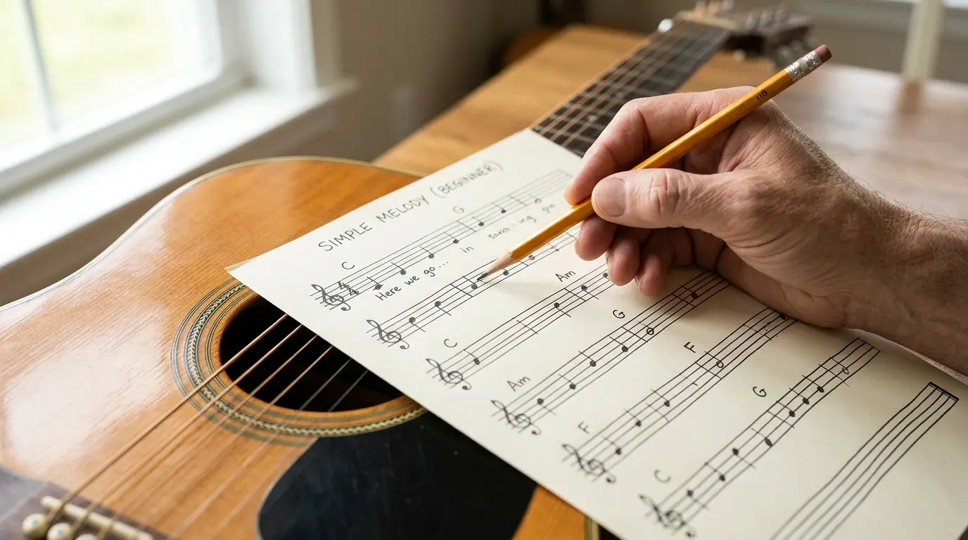 A person pointing a pencil at simple sheet music resting on an acoustic guitar