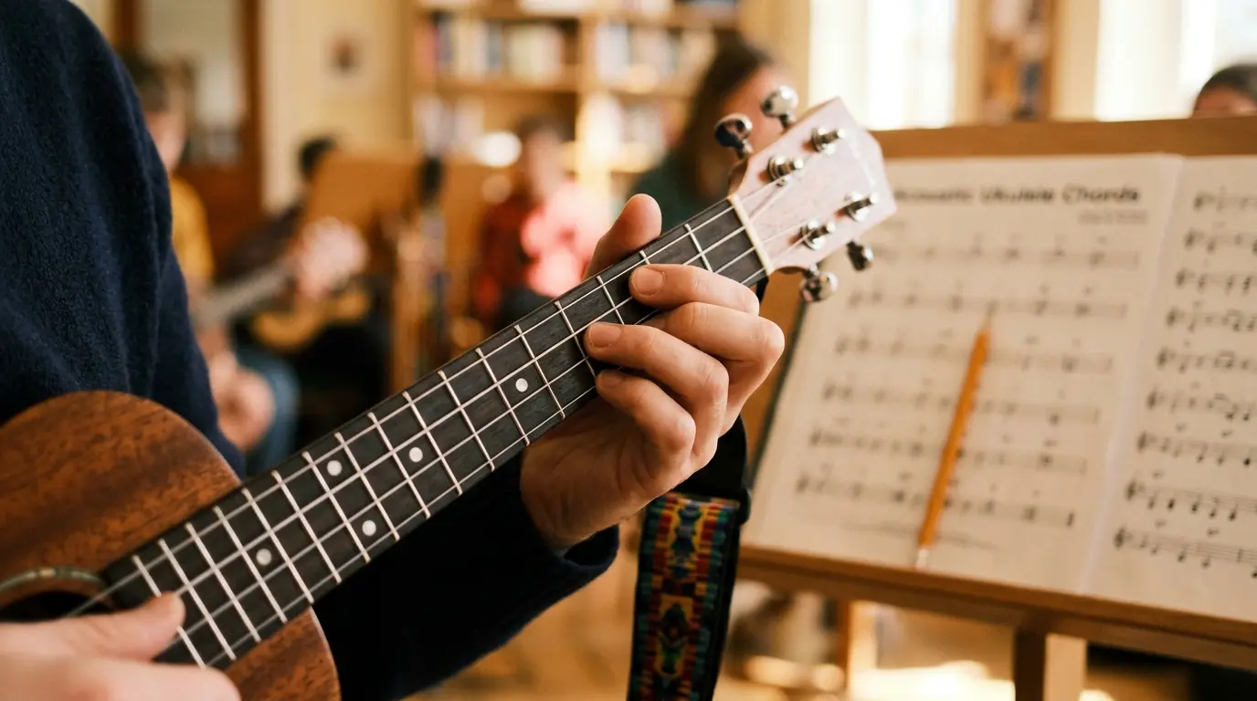 A close up photograph of hands pressing chords on a ukulele fretboard