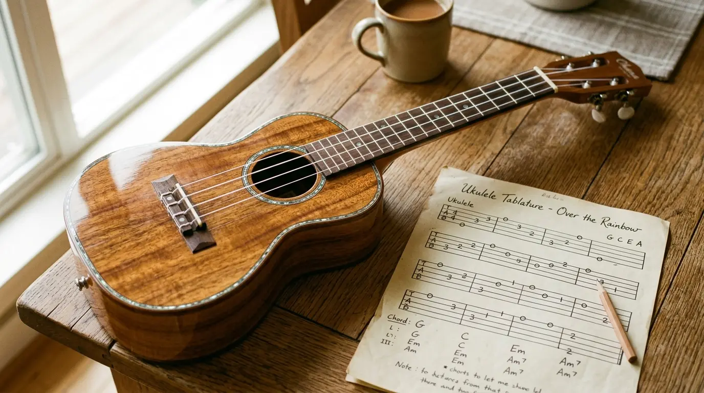 A close up of a beautiful wooden ukulele resting on a table next to a sheet of musical tablature