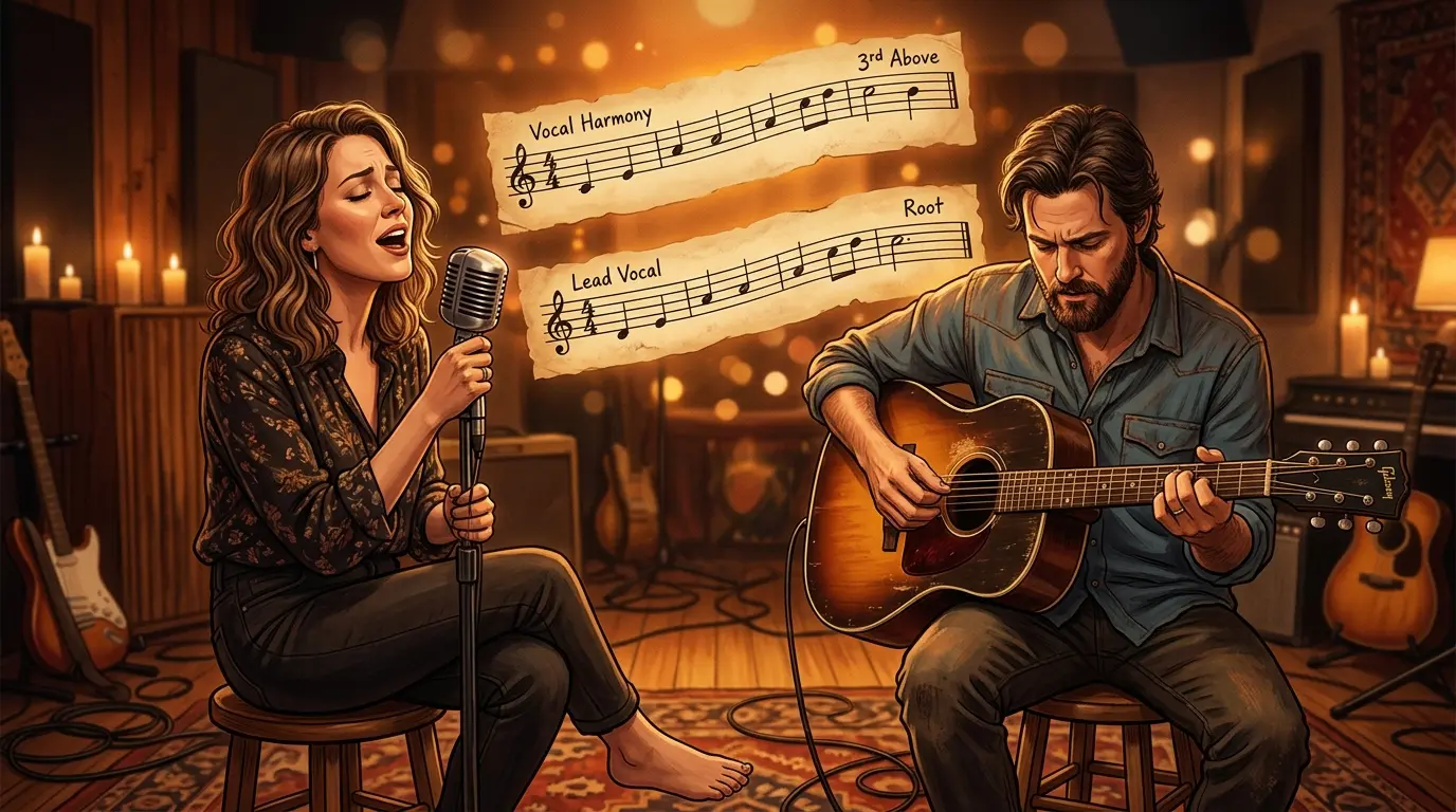 A vocalist and guitarist performing together, illustrating how a lead melody and a harmony line move in parallel