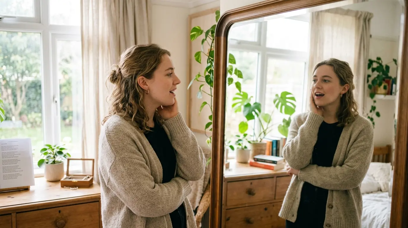 A singer practicing vocal warm-ups while looking in a bedroom mirror