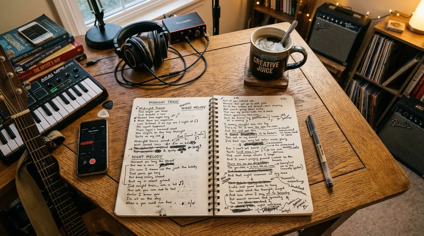A messy wooden desk with an open notebook filled with crossed-out handwritten lyrics