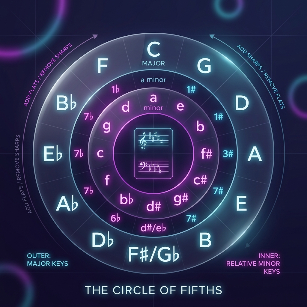 The Circle of Fifths diagram showing Major and relative Minor key signatures