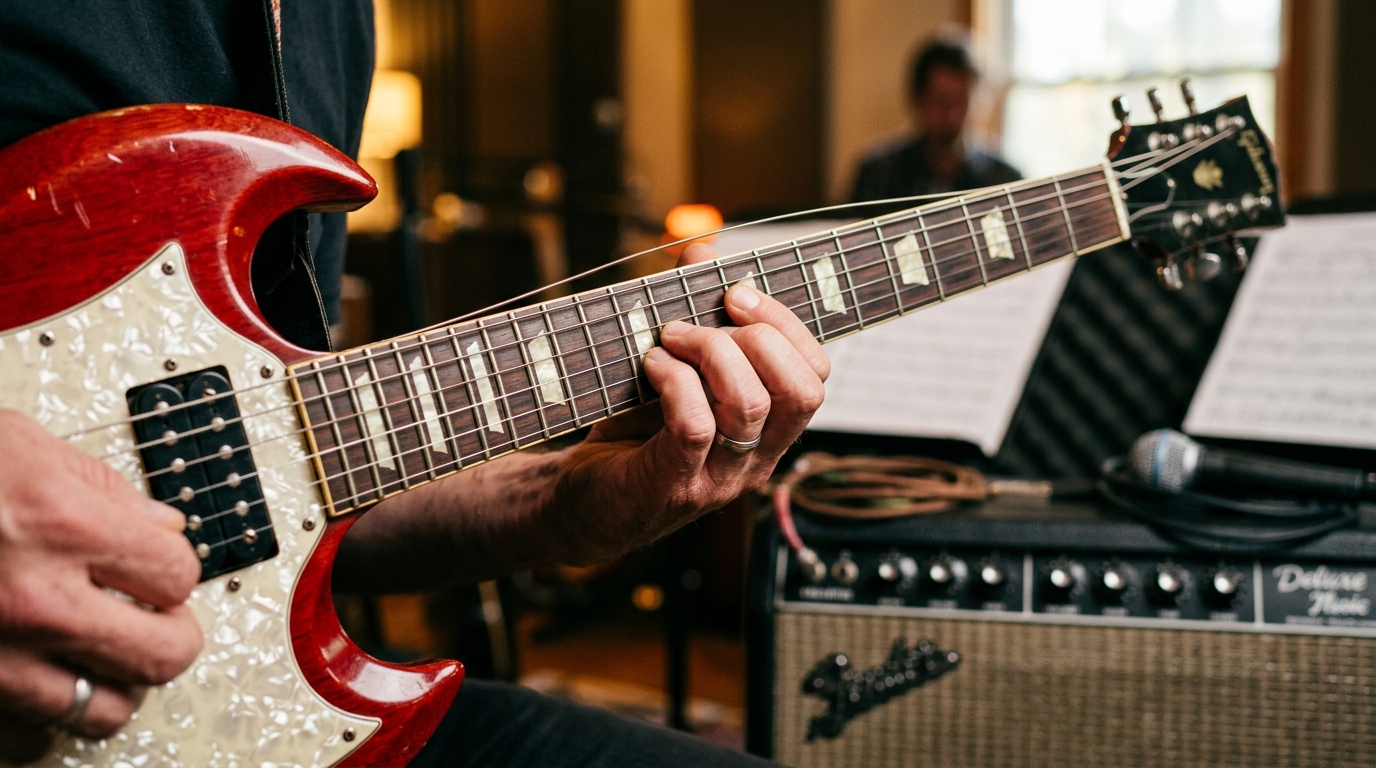 A close-up of a musician's hands holding a red electric guitar, fingers pressing down on the fretboard to bend a string