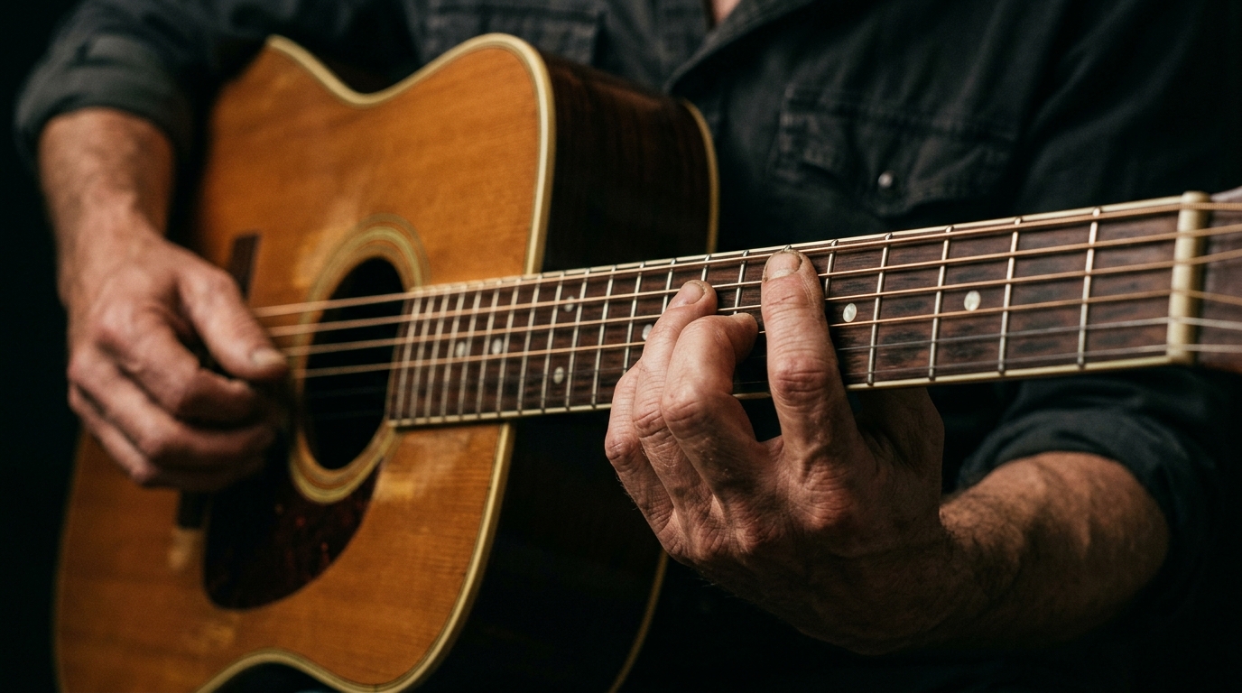 A close-up of a guitarist's hands holding an intricate chord shape on the fretboard