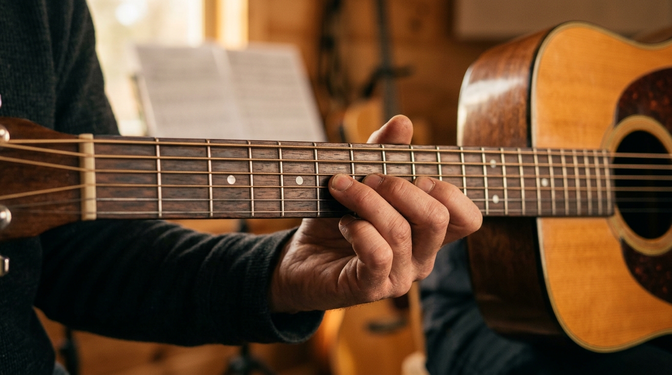 A close up of a musician's hand practicing a scale on an acoustic guitar fretboard
