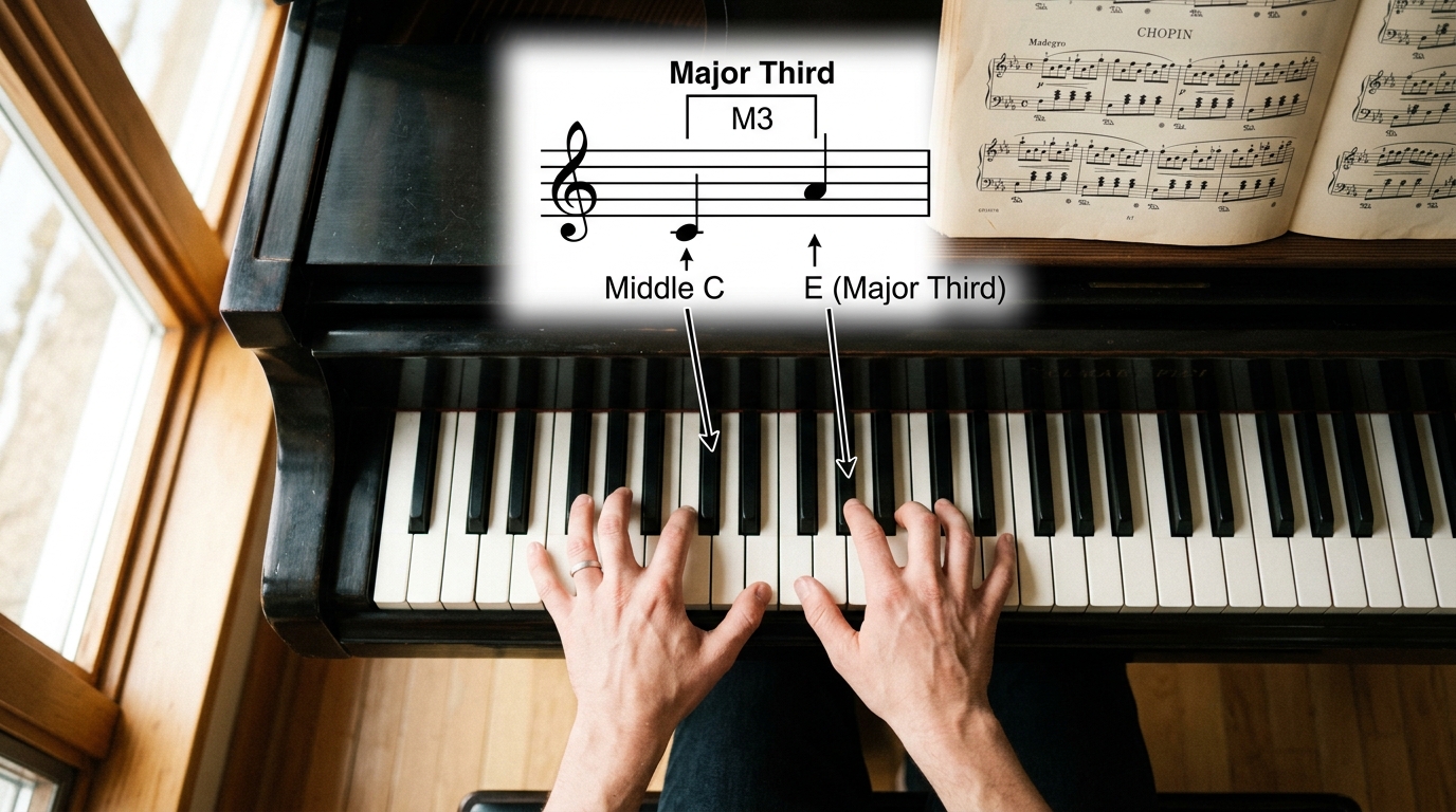 Piano keyboard showing middle C and E pressed simultaneously to illustrate a major third interval