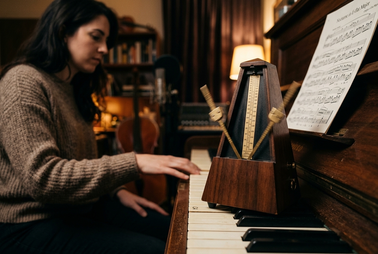 A classical mechanical metronome ticking on a piano keyboard in a warm studio environment