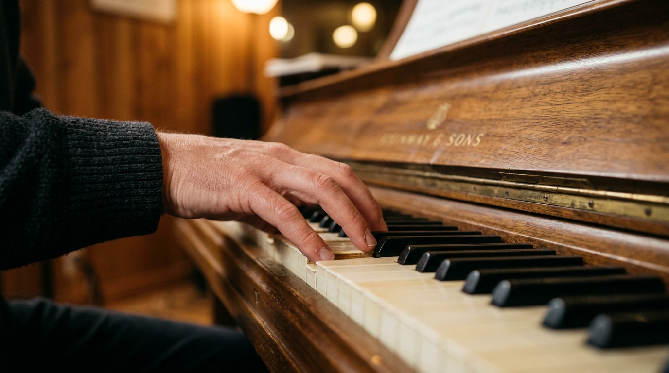 A close-up of a musician's hands playing a second inversion chord on an acoustic piano keyboard