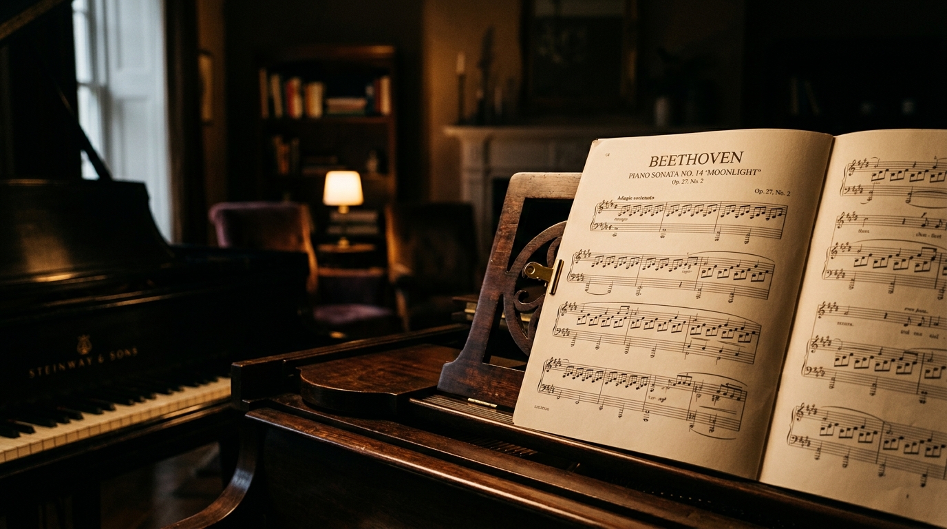 A close up of sheet music resting on a wooden piano stand with moody lighting
