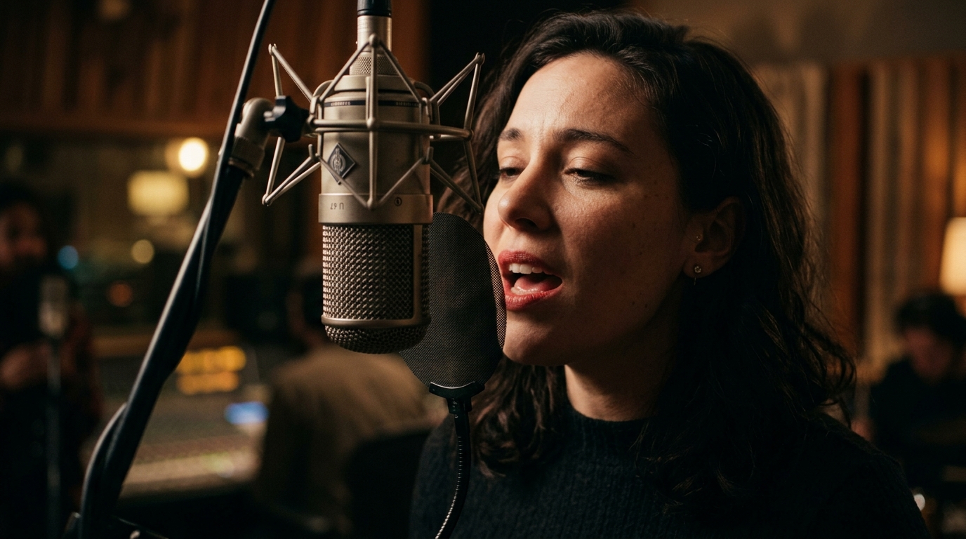 A cinematic close up photograph of a singer's mouth and a vintage studio microphone