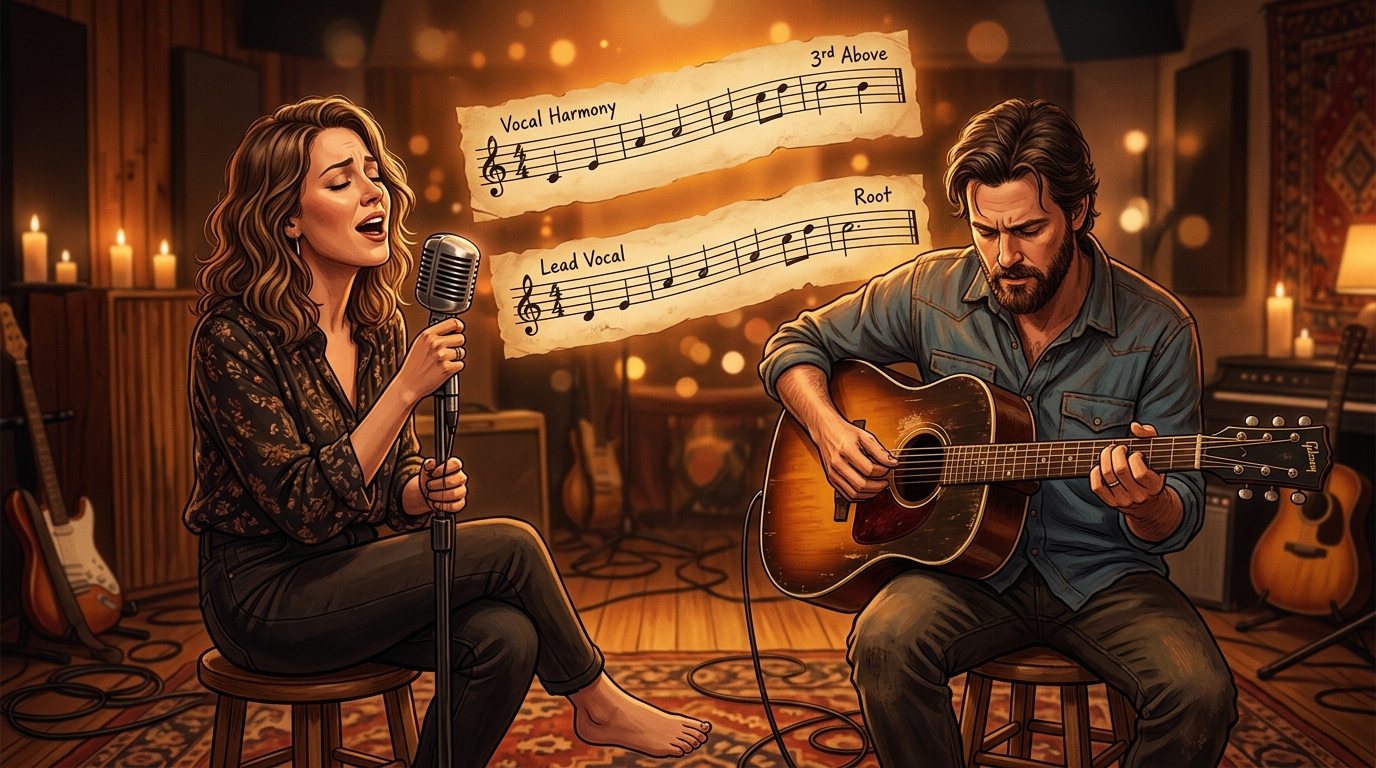 A vocalist and guitarist performing together, illustrating how a lead melody and a harmony line move in parallel